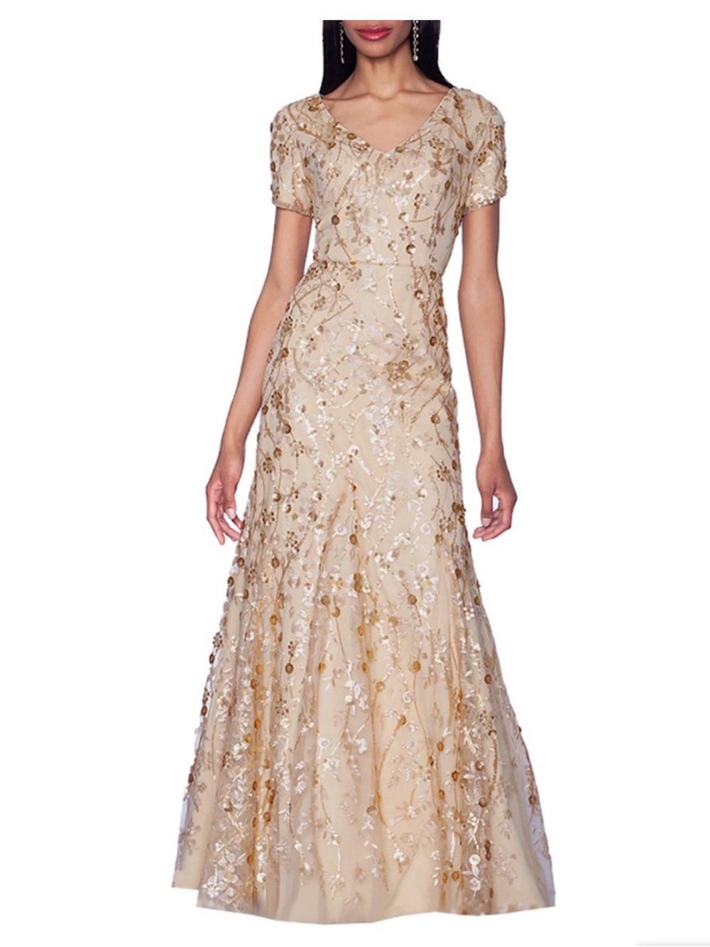 Embellished Cream Maxi Dress with Gold Accents - Women's Formal Gown